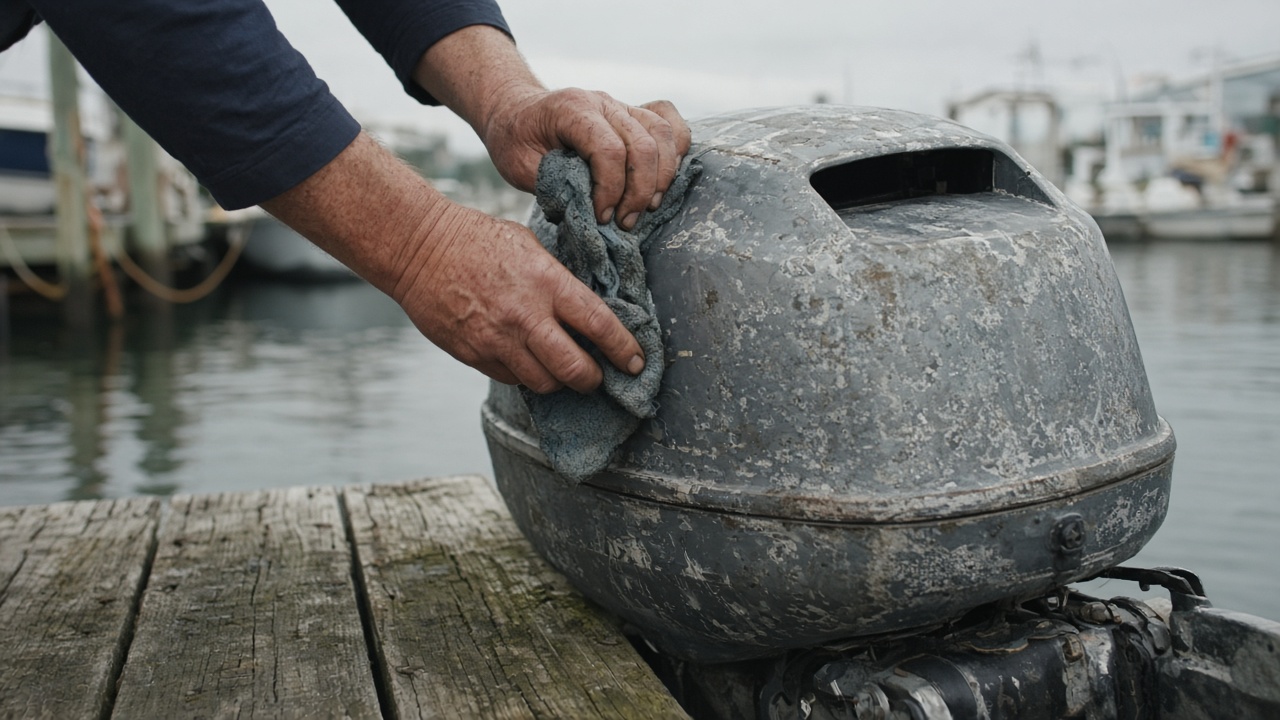 Weathered hands caring for an outboard on a wooden dock
