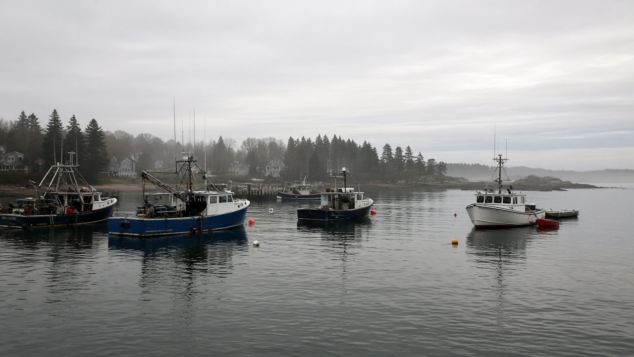 Working lobster boats at moorings on a quiet Seacoast morning